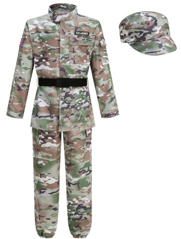 HAPNBCELE Costume de l'armée pour enfants, idéal pour les jeux de rôle, les déguisements d'Halloween (12-14 ans, manches longues, camouflage vert)