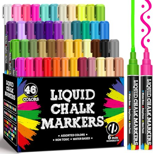 BainGesk 46 Colors Liquid Chalk Markers, Dust-Free Erasable Pens for Blackboards, Chalk Markers for Chalkboard, Windows, Glass, Mirror, Acrylic Dry Erase Board, 6mm Reversible Bullet & Chisel Tip