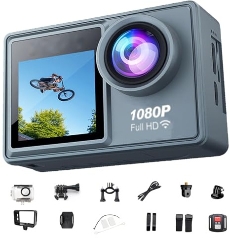 YCYATS Arlira Action Camera 5K Ultra HD, WiFi, Doppio Schermo, Stabilizzazione Anti-Shake, Grandangolo 170°, Impermeabile, Sport all’Aperto, Ciclismo, Moto (1080P)