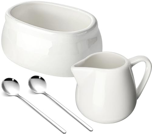 zeeooil Set porta bustine di zucchero, in ceramica, bricco per latte in porcellana con manico, cucchiaini da caffè in acciaio inox (1 supporto, 1 brocca, 2 cucchiai)