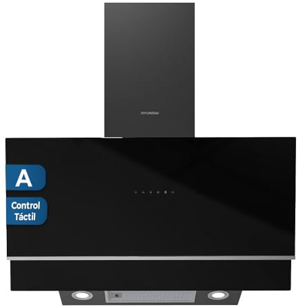 Hyundai Cappa aspirante inclinata 90 cm vetro nero HCPD900AN. Potenza 253 m3/h, doppio tiro, 4 velocità, controllo tattile, filtro lavabile in lavastoviglie.