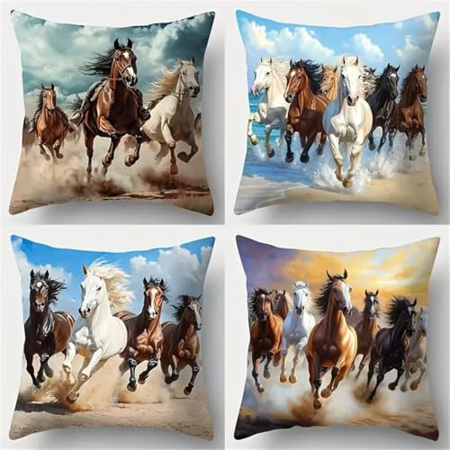 Kissenbezüge 4er Set Pferd 35x35cm Dekorative Kissenhülle, Leinen Zierkissenbezüge mit unsichtbarem Reißverschluss, Weich Kissen Bezug Zierkissen für Sofa Schlafzimmer Wohnzimmer Zuhause Dekor Sv10092