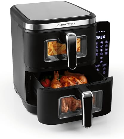GOURMETmaxx FryUp Vertikale Doppelkammer Heißluftfritteuse XXL | Airfryer mit Sichtfenstern & Klapp-Touchdisplay | Heißluftfritteuse 2 Kammern - 10 L Volumen | Heissluftfritteuse Doppelkammer 2 Ebenen