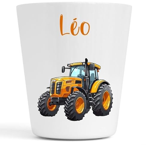 Générique Gobelet en Plastique pour Enfants | Gobelet Personnalisé avec Nom |Verre Plastique Incassable Personnalisé motif Tracteur, grue pâques et moto (Tracteur Orange Léo)