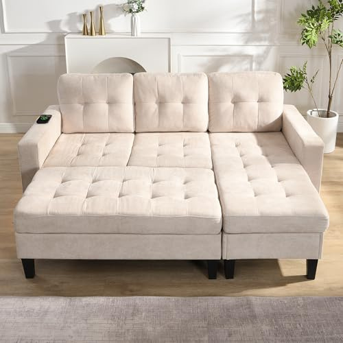 MOBETTRES Multifunktionale L-Form Wohnzimmer-Sofagruppe: Mit extra großer beweglicher Fußbank + L-E-D-Ambiente-Beleuchtung,Dreisitzer-L-Form-Sofa + Zweisitzer-Fußbank-Kombination (Beige)