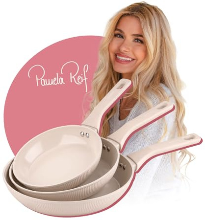 Fackelmann x Pamela Reif Bratpfannen-Set 3-tlg Ø 20/24/28 cm – recyceltes Aluminium, Pastell-Beige, PFAS-freie Keramikbeschichtung, modernes Rillen-Design, für alle Herdarten