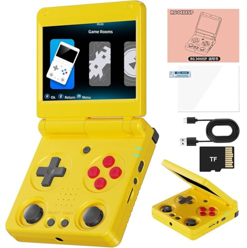RG34XXSP Console Di Gioco Portatile Retrò 3300 MAh Battey, Schermo Da 3,4 Pollici Portable Pocket Arcade Supporto 30+ Simulatori 5G Wi-Fi Bluetooth HD Retro Gaming Console-Yellow||64G+256G