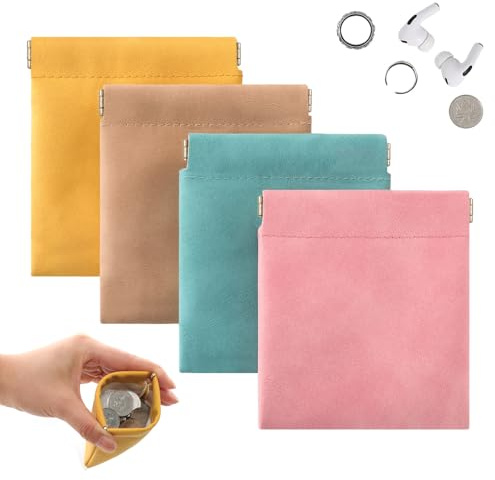 4 Pack Squeeze Coin Pouches, 3.5x3.1 inch PU Leather Mini Change Pouch for Coins, Jewelry, Earphones. Unisex Travel Coin purse for Men and Women (Yellow, pink, blue, brown)