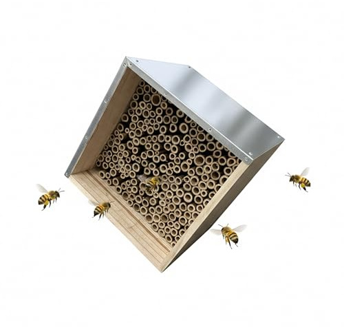 Relaxdays Bienenhotel, Holz, wetterfestes Metalldach, Bambusröhrchen, Garten, Insektenhotel zum Aufhängen, Natur/Silber