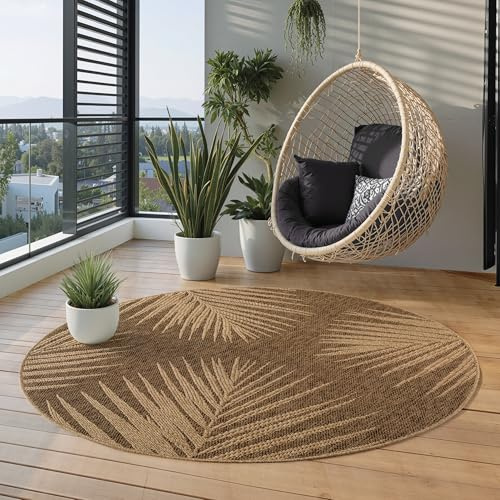 Carpettex Outdoor Teppich Rund 200 cm Beige, Wetterfest Pflegeleicht, Jute Look Teppich für Garten Terrasse Wohnzimmer Esszimmer natürlicher Jute Look