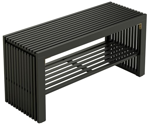 HEYZOEY Balck Bamboo Hallway Bench with Shelf, Dining Bench, 35×13×17 in | Natural bamboo bench with lower storage shelf – ideal for entryway, dining room, bedroom or living room, sturdy and versatile