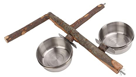 Generic Generic Ensemble de Mangeoires Combinées avec Support en Bois pour Perroquet et Bol de Nourriture en Acier Inoxydable pour Cage à Oiseaux, Perchoir en Bois de Pommier de Haute qualité, 2 (L)