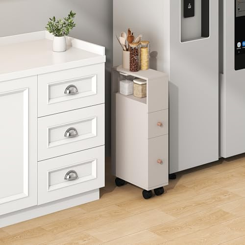 [en.casa] Nischenschrank auf Rollen Broreynna Badezimmerschrank schmal 66 x 15 x 33 cm Rollwagen Nischenregal 2 Schubladen 1 offenes Fach Nischenwagen Sandfarben