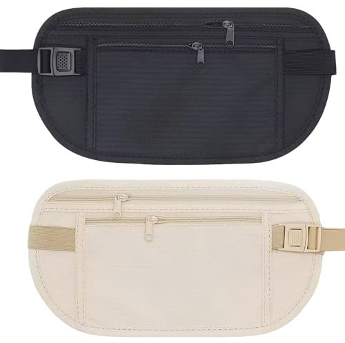 GWEOR Pack de 2 Cinturones Monedero Ocultos, Riñonera de Viaje Invisible con Bloqueo RFID, Bolsa Plana Antirrobo para Pasaporte y Dinero, Cinturón Ajustable para Deporte y Seguridad (Negro y Caqui)
