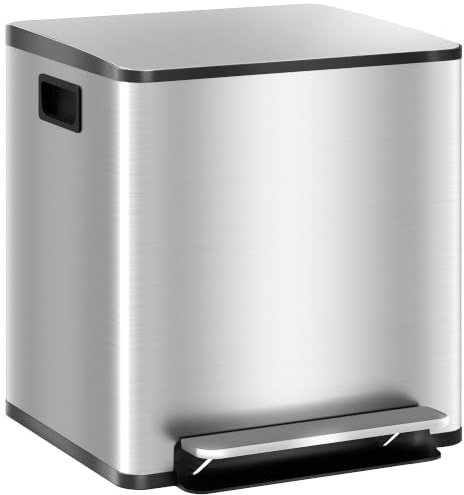 HOMCOM Dual Kitchen Bin 2 x 15L Stainless Steel Double Pedal Bin Silver | Soft-Close Lid, Removable Inner Buckets, Handles, for Recycling and Waste