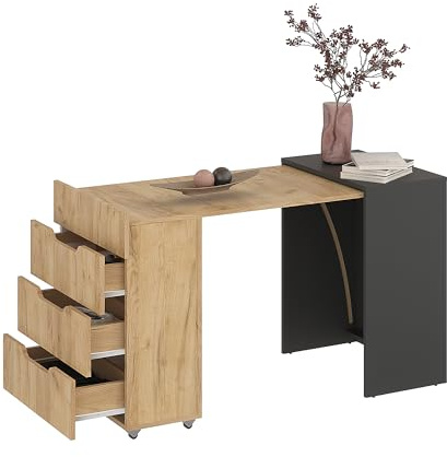 KOMTO Schreibtisch Anthrazit/Honig Eiche mit 3 Schubladen – Computertisch, Klappschreibtisch mit Stauraum, PC Tisch, Bürotisch für kleine Räume | Table FOLDY2 128 x 60 x 75 cm