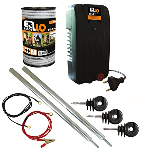 Ellofence Hobby Weidezaun Starterset komplett mit Weidezaungerät, 12,5mm Weidezaunband, Erdpfahl und Isolatoren - Extrem leises Gerät ! 230V