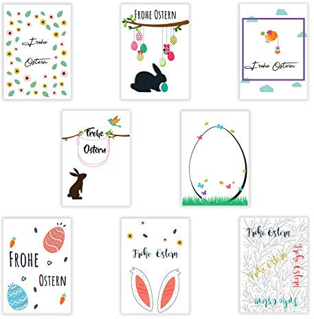 8 Osterkarten mit Briefumschlägen | Postkarten Format A6 | Ostereier | Osterhase | Grußkarten als Postkartenset zu Ostern