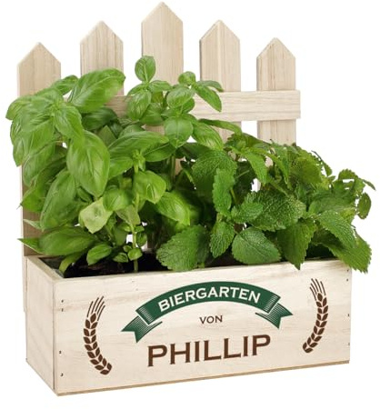 Herz & Heim® Geburtstagsgeschenk für Männer - Holzkiste ohne Deckel mit Personalisierung, Biergarten Geschenk oder Kräutergarten Geschenk, 23 x 27 x 10,5 cm