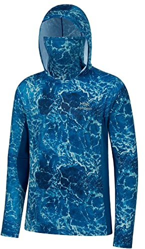BASSDASH Men’s UPF 50+ Fishing Hiking Camo Hoodie Shirt with Face Mask Lightweight Neck Gaiter Long Sleeve, Ocean With Neck Gaiter, Large