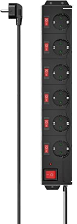 Hama | Regleta 6 Tomas con Interruptores Individuales e Interruptor General – Protección contra Sobretensión – Tomas Giradas 90° – Cable de 1,4 m – Negro