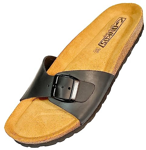 GONKOS®, Ledersandalen mit Kork Einlegesohle, Echtes Leder Pantoletten, Naturkork, verstellbare Schnalle am Fuß, Schaufelsandale für Damen, Qualitätssandale Made in Spain, Farbe Schwarz Größe 37