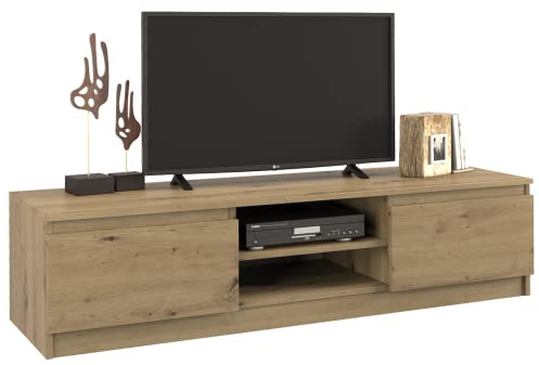 CDF Lowboard TV - Schrank 140 cm modern mit offenem Gerätefach Kabelführung Zwei Seitenschränken grifflose Front stabile 16 - mm Konstruktion für Wohnzimmer TV - Eiche Artisan