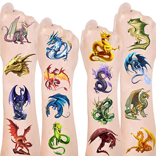 YYMYMGJ Lot de 300 tatouages temporaires + 24 feuilles de dragons pour enfants et adultes