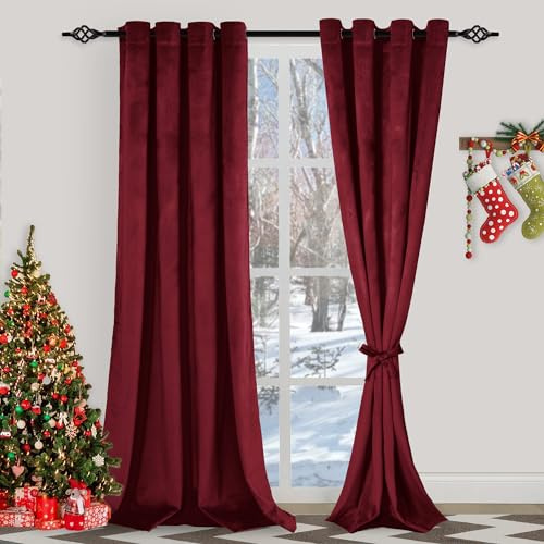 XWZO Red Velvet Curtains 120 Inches Long, Elegent Soft Luxury Curtains for Living Room, Thermal Insulated Room Darkening Red Curtain for Bedroom Decor, Velvet Drapes Set 2 Panels