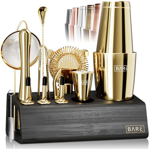BARE BARREL® Mixology Kit de bar pour barman | Ensemble shaker à cocktail 14 pièces | Outils de mélange pour barman à domicile | Comprend 35 cartes de recettes | Coffret cadeau (shaker Boston de 800
