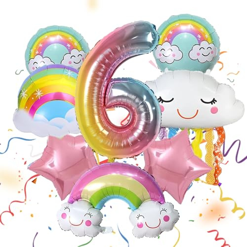 ARONRAVE Regenbogen Geburtstagsdeko für Mädchen 6 Jahre, Quasten Luftballons, Folienballon, Wolken, Rosa Stern, Pastell Rundballons