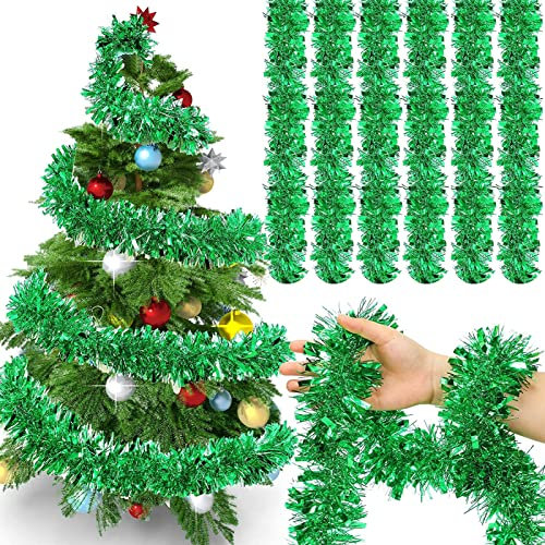 Ywwltt Guirnalda de Oropel Navidad, 6 Tiras Espumillon Arbol Navidad, 12m Espumillón de Navidad, Oropel Navidad para Decoraciones Navideñas en Interior y Exterio (Verde)