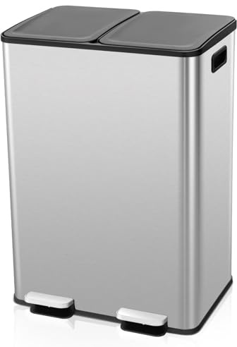 TANGZON 2x30L Recycling Pedal Bin, Double Kitchen Waste Bin with Plastic Inner Bucket, Soft Closure & Deodorant Boxes, Fingerprint Proof Airtight Stainless Steel Trash Can (Sliver)