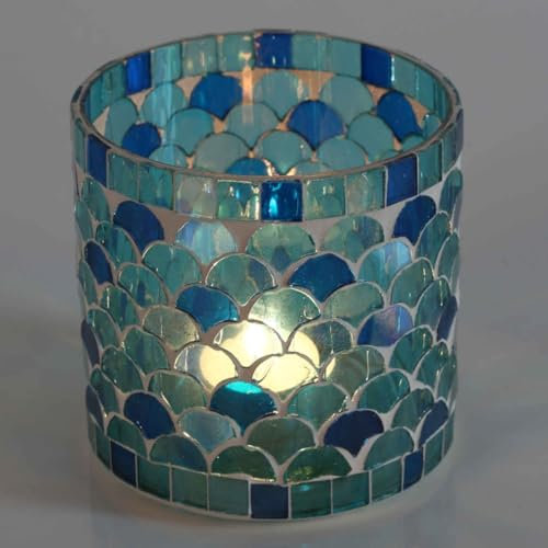 Orientalisches Mosaik-Windlicht Athen M HELLBLAU Ø 10cm rund handgefertigt aus Glas | Stimmungslicht Teelichthalter bunt marokkanische Tisch-Deko aus 1001 Nacht | WZ111-M