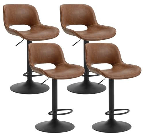 WOLTU Barstol set om 4, barstol höjdjusterbar, barstol stol, diskstol, konstläderstol, skattpall, biststol, roterande pall, med ryggstöd fotstöd, brun, BH402br-4