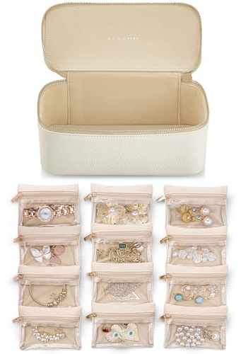 VLANDO Travel Jewelry Case,Jewelry Box with 12 Velvet Jewelry Pouch Jewelry Travel Organizer for Mothers Day Mom Gifts, Jewelry Case Necklace Rings Earrings Bags Wedding Gifts (White)