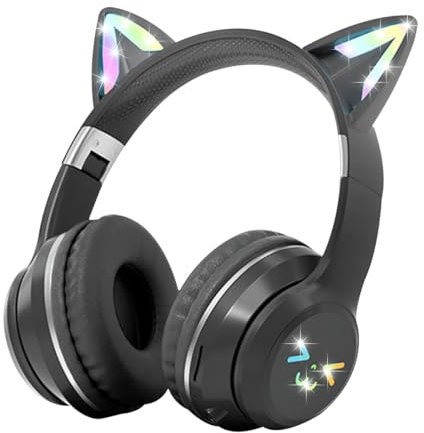 Casque pour Enfants,Casque Audio à Oreilles de Chat Bluetooth 5.1 Sans Fil et Filaires, Jolis Lumière LED RGB de Casque,Casques Pliables sur l'oreille pour Cadeaux/École/Tablette/Voyage (Noir)