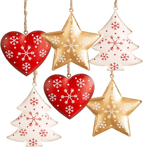 Metallanhänger Weihnachten 6 Stück – Herz, Stern & Tannenbaum in Rot, Weiß & Gold – Weihnachtsdeko aus Blech 5–9 cm – Nostalgischer Christbaumschmuck – Logbuch-Verlag