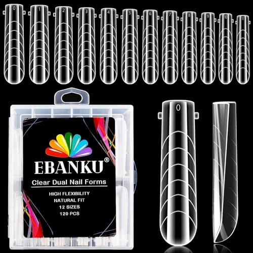 EBANKU 120PCS Long Coffin Uñas Postizas Moldes de Uñas Dual Form Sistema Acrílico Nail Mold uñas Postizas de Gel UV Herramientas de Manicura de Extensión de Uñas