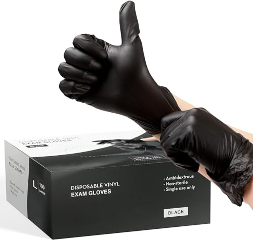 PROMART Disposable Gloves Black Vinyl - Latex-Free, Powder Free, Extra Strong 4 mil, Multi-Purpose, Non-Surgical Gloves, Disposable, Medical Exam Gloves, for Medical, Cooking & Cleaning (200, LARGE)