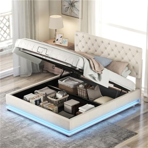 140 X 200 cm Großes Gepolstertes Doppelbett Mit Verstellbaren Led-leuchten, Hydraulischem Stauraum Und Verstellbarem Kopfteil, Massive Kiefer, Geeignet Für Schlafzimmer(Color:Beige)