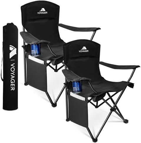 Voyager Folding Camping Chair 2-Pack, Lightweight with Pocket and Drinks Holder, Holds up to 120kg Each, Easy to Transport, Foldable Outdoor Chair Set -Black