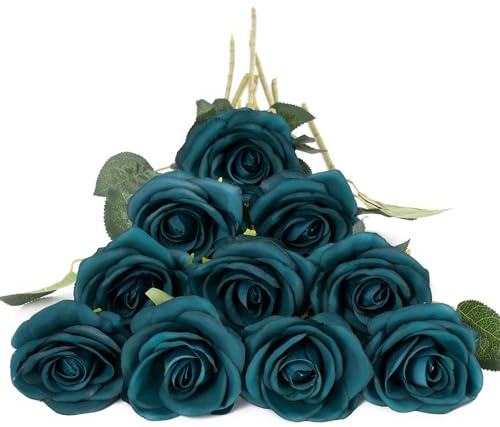 DuHouse 10er Set Künstliche Rosen aus Seidenstoff – 54 cm Lange Stiele, Realistische Fake Blumen für Hochzeit, Brautstrauß, Party Tischdekoration & Haus Dekor(Pfauenblau) | Kunstrosen 54 cm, wie echt, Blumenstrauß für Arrangement, Hochzeit, Tafelaufsatz, Party und Wohn-Dekoration