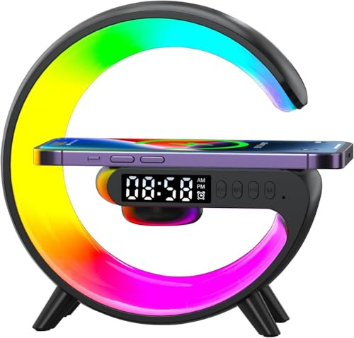 Wireless Speaker Charger Light, G Lamp with Wireless Charger, Smart Lamp Bluetooth Speaker, 5W Mood Light with Alarm Clock, 10 Lighting Modes, Bedroom, Party (Black Plug-in Type)