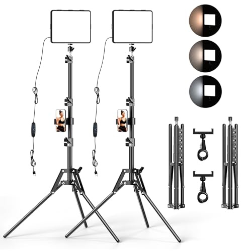 ALTSON Kit de 2 Luces de Video, luz LED de Estudio, 2700-6500 K, Kit de iluminación de fotografía Regulable con Soporte de trípode y Soporte para teléfono, luz de transmisión giratoria de 12 Pulgadas