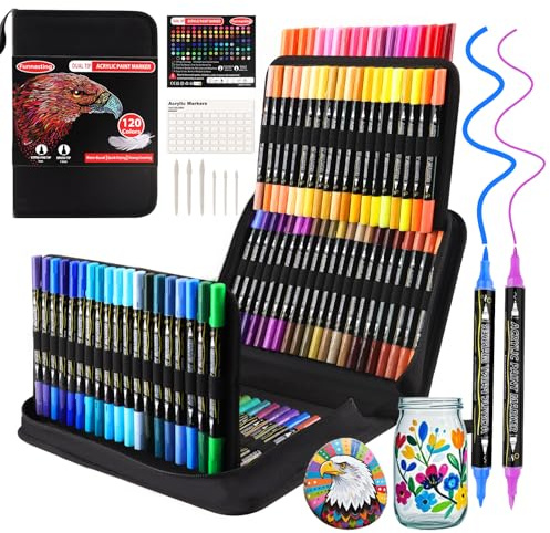 Funnasting feutre acrylique, 120 couleurs double pointe acrylic paint marker,contient 12 couleurs métalliques pour la peinture sur roche, le bois, la toile, la pierre, les céramiques