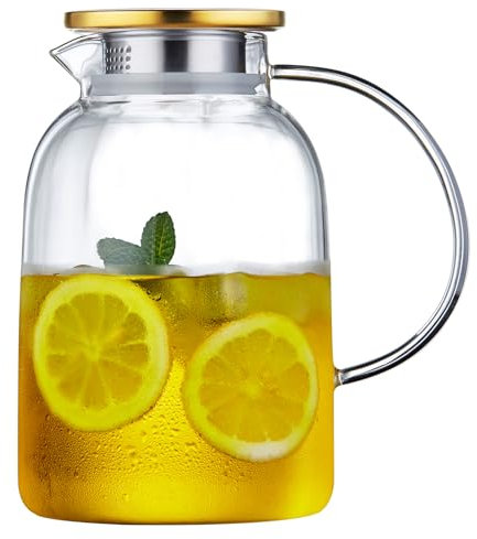 MESNEY Tetera de vidrio de 2 litros con infusor, vidrio de borosilicato resistente al calor, infusor de tetera para té suelto, colador y tapa 2 en 1, apta para estufa