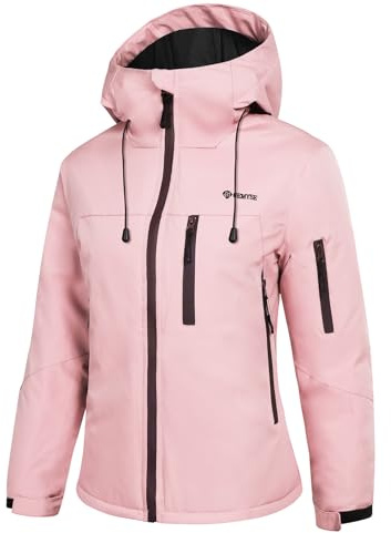 GEMYSE Veste de Ski Femme Imperméable et Coupe-Vent Manteau Chaud avec Capuche Réglable et Ourlet Ajustable pour Randonnée et Neige(Rose-pêche,XL)