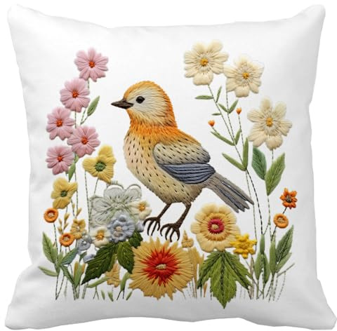 Leaveland Bird Wildflower Faux Embroidery Print 18x18 Inch Throw Pillow Cover Boho Farm Animal Embroidered Floral Decorative Cushion Case Spring Summer Christmas Home Room Decor Gift Flower Pillowcase