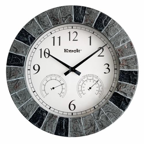 Kmok 13.5 Faux Slate Waterproof Indoor/Outdoor Wall Clock with Thermometer & Hygrometer – Silent Battery-Operated Round Decorative Timepiece for Patio & Home (Light Grey/Black Frame)